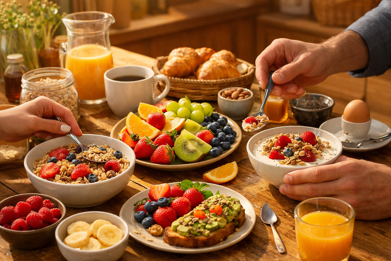 Gesundes Frühstückstisch mit frischen Früchten und Haferflocken, Morgenlicht